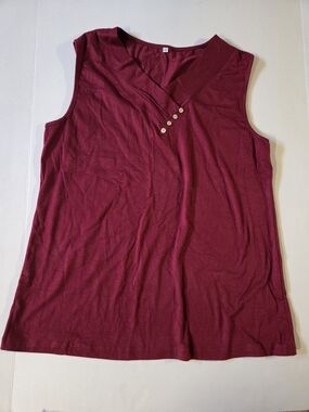 Sleeveless V-Neck Tank Top with Button Accent - Burgundy